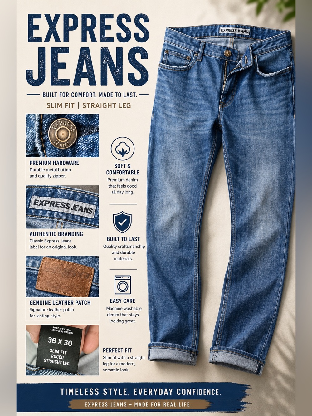 Express Jeans Slim Fit Rocco Straight Leg 36x30 Light Wash Denim